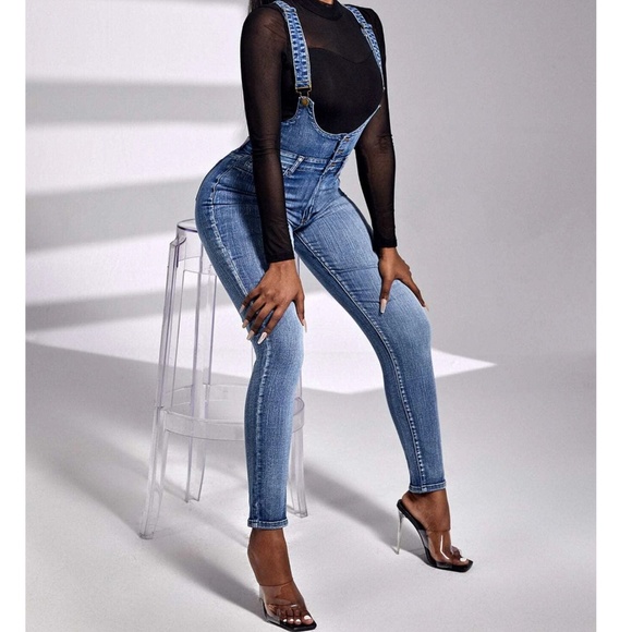 Medium Vintage Wash High waisted Skinny Jean Denim overalls - Picture 4 of 7